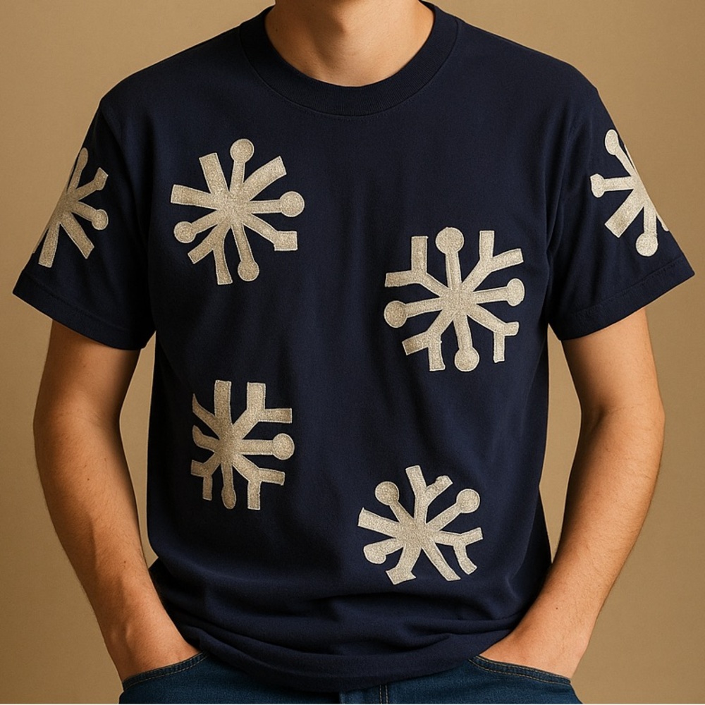 Unisex Jerzees Heavy Weight Cotton Blend Navy White Snowflake T-Shirt Size Med